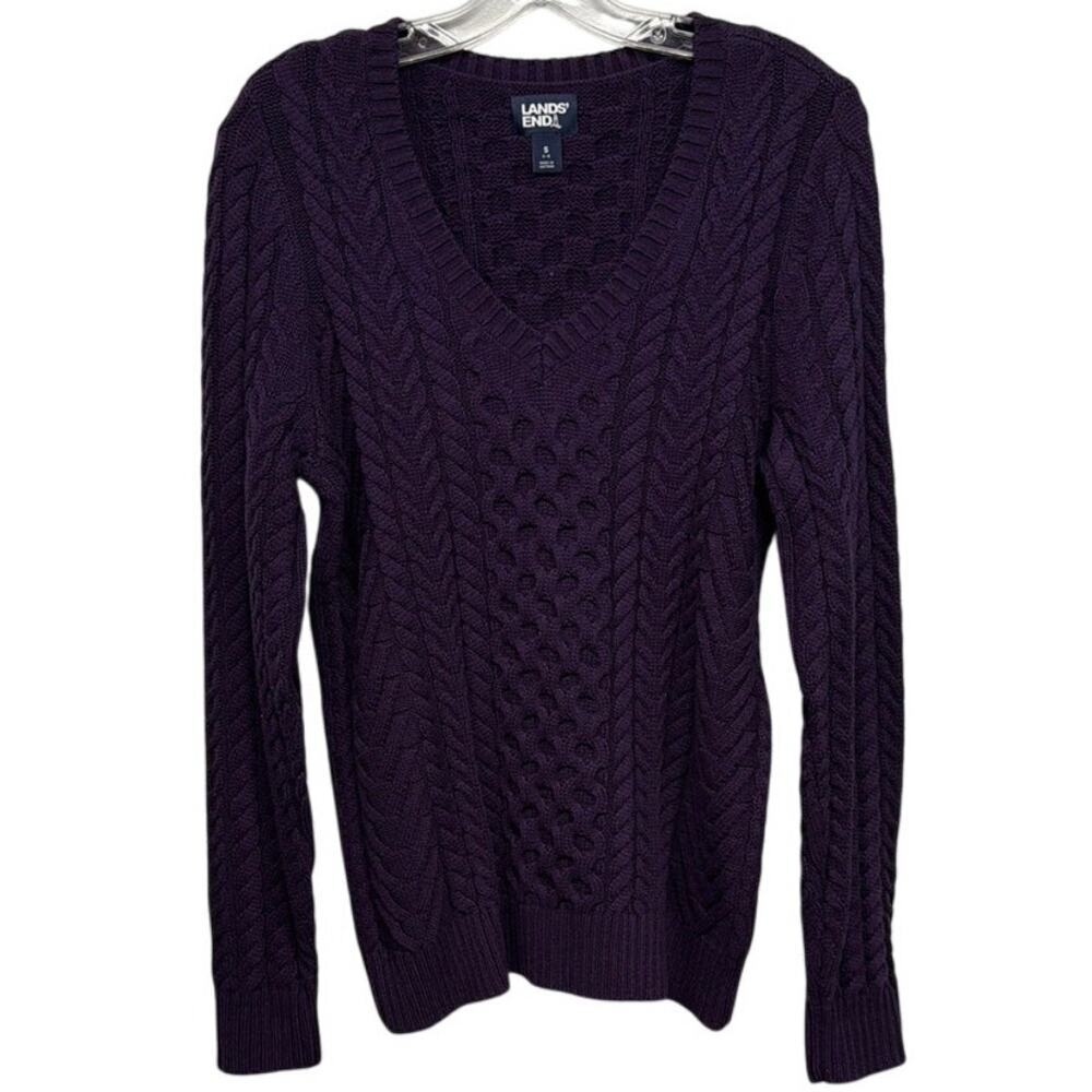 Women's New Lands' End Purple Cable Knit Chunky Sailor V-Neck Sweater Size Small